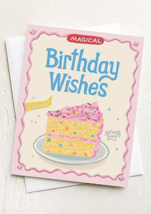 Birthday card with a slice of cake illustration and 'Magical Birthday Wishes' text on a white background.