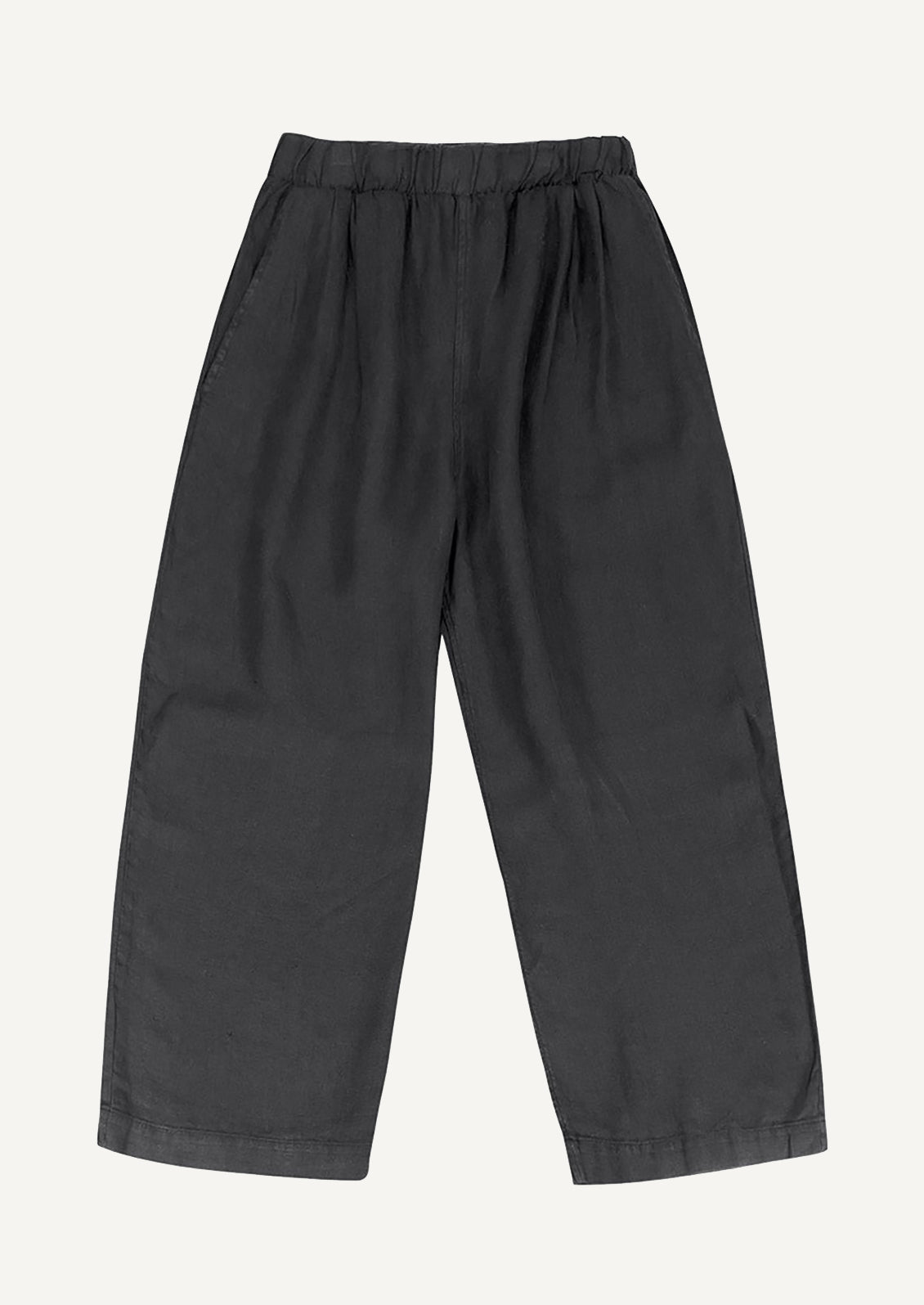 A pair of flowy hemp pants in black.