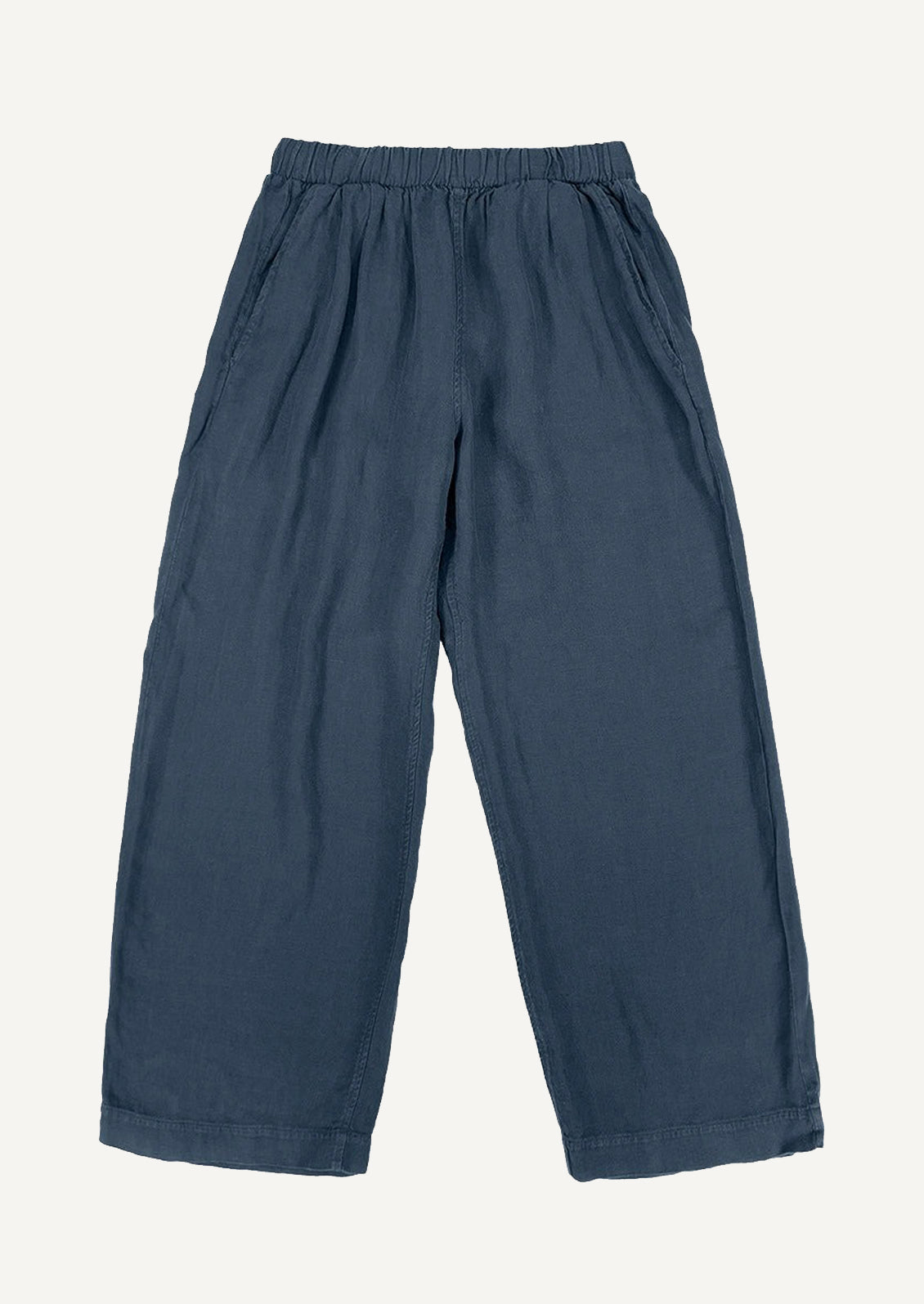 A pair of flowy hemp pants in navy.