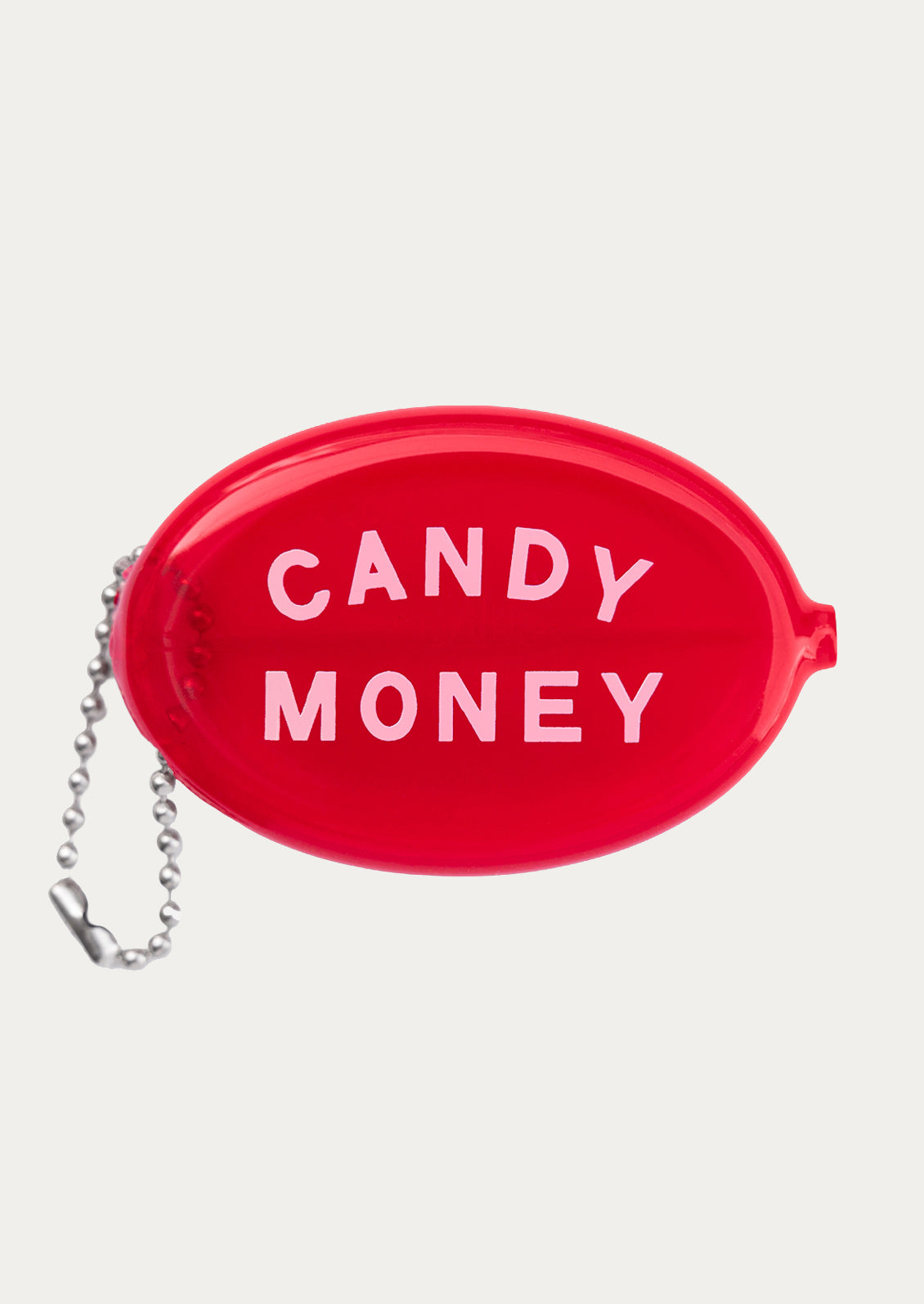 A red rubber coin pouch. reading "Candy Money".