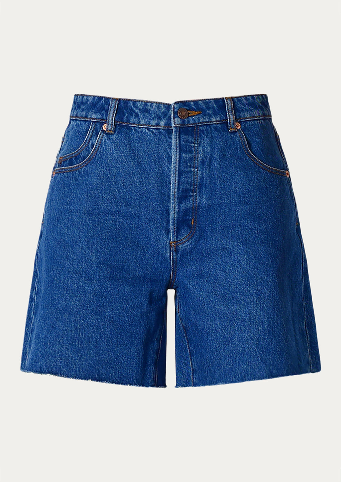 Blue denim shorts on a light gray background