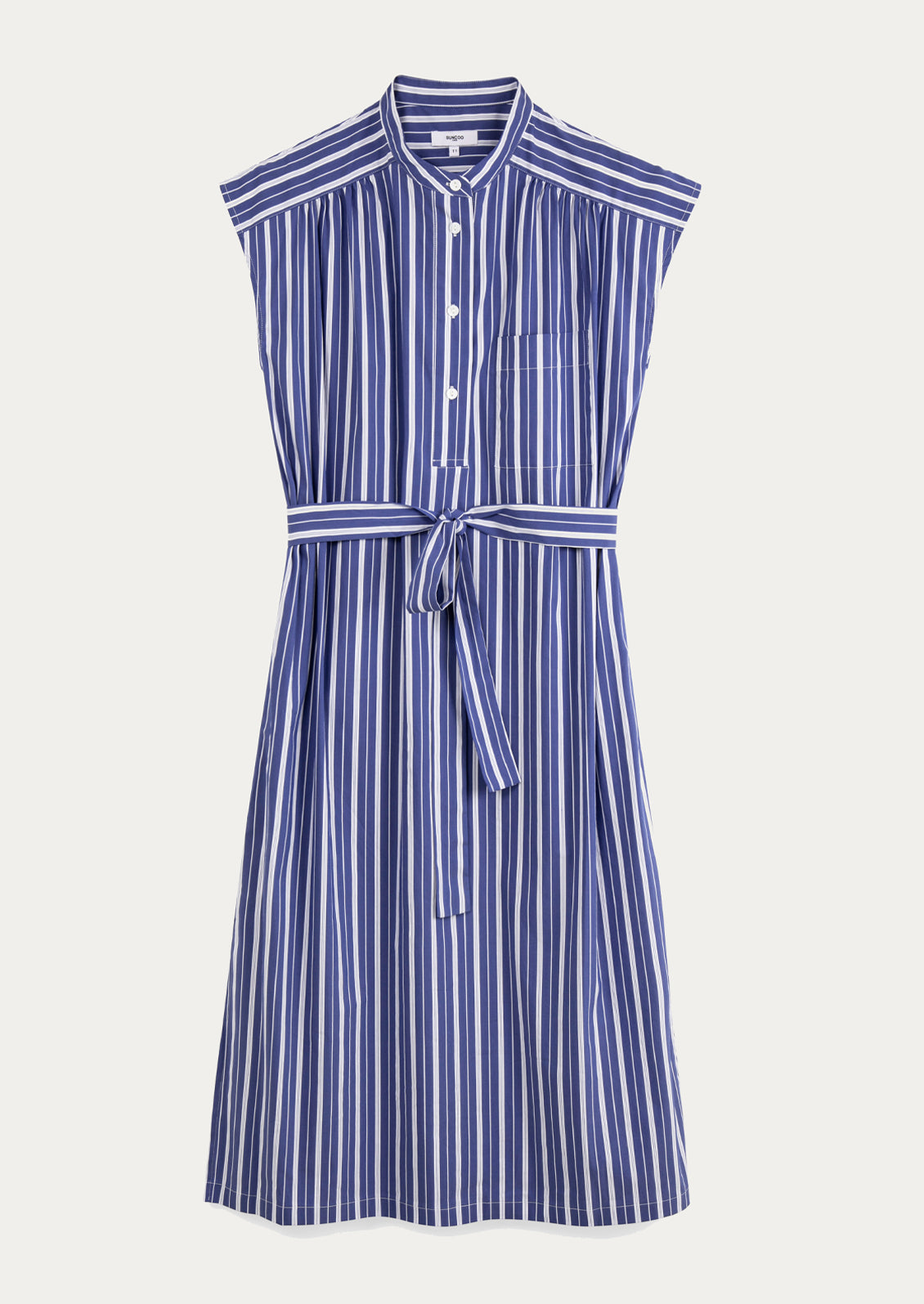 A blue and white striped sleeveless shirt dress with fabric belt.