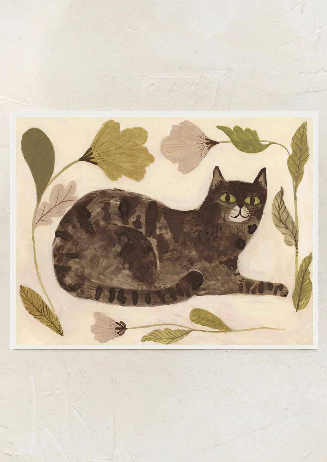 An art print depicting a cat with flowers around it.