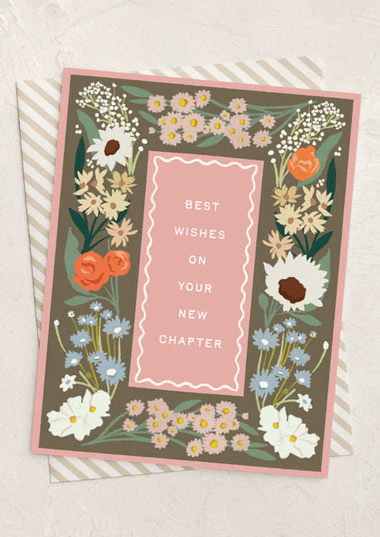 Greeting card with floral design and 'Best Wishes on Your New Chapter' text