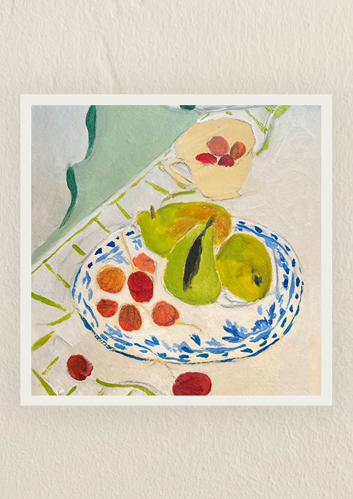 Artistic depiction of pears and cherries on a plate with a teacup in the background.