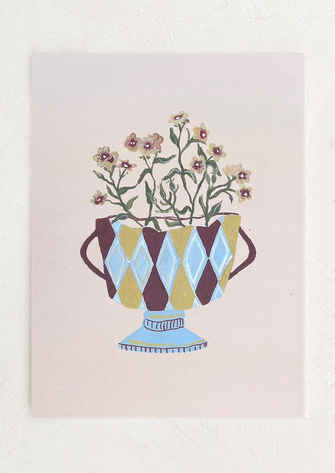 Decorative illustration of a patterned vase with flowers on a light background