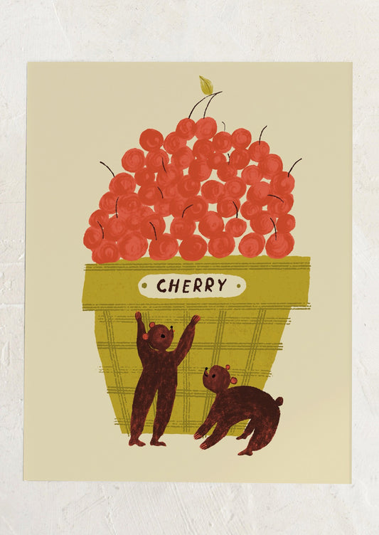 Illustration of two bears with a basket of cherries on a beige background