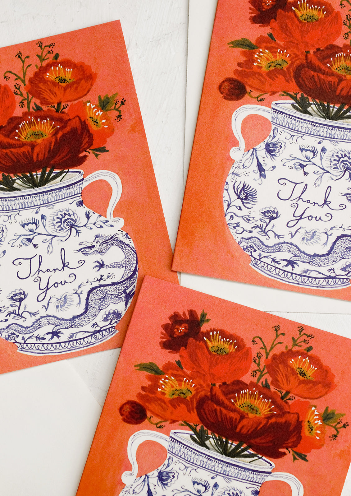 Greeting cards with chinoiserie vase holding flowers, text reads "Thank you".