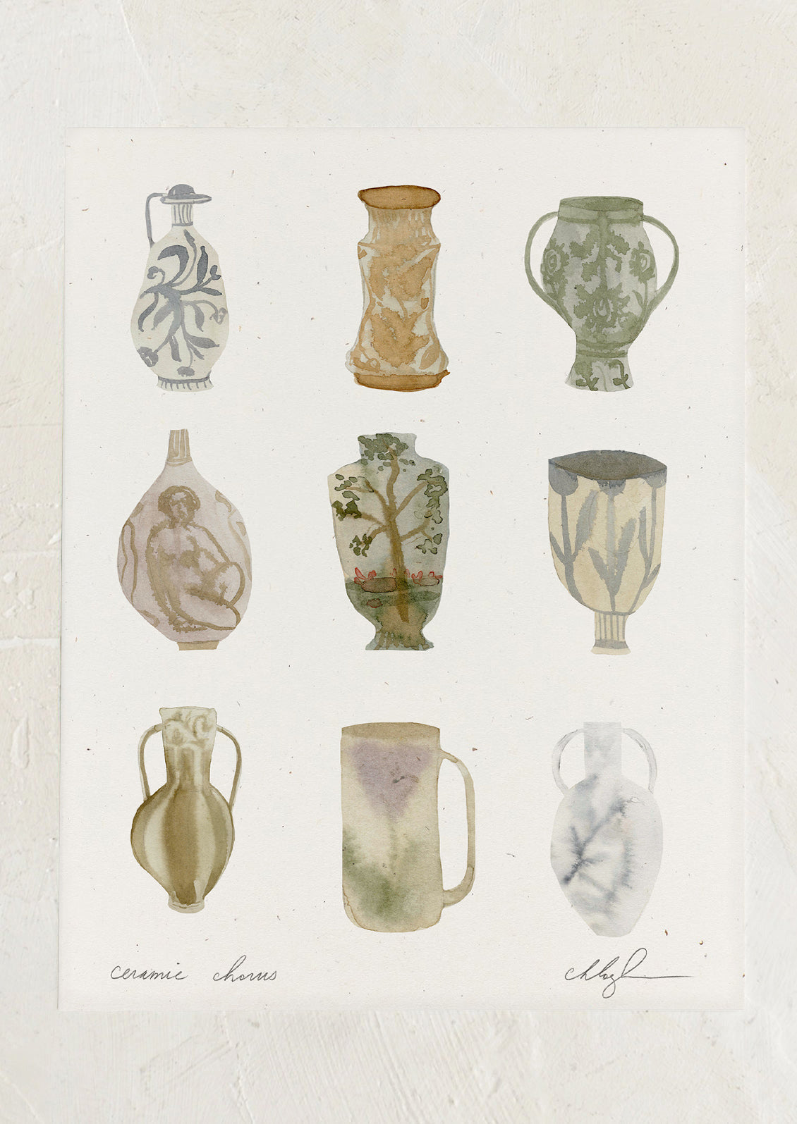 An art print of watercolor paintings of different vintage ceramic vessels.