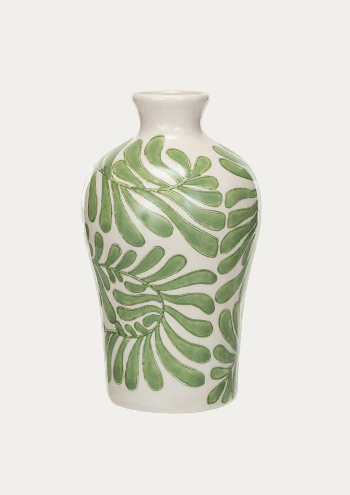 A vase in white with green seaweed/leaf pattern.