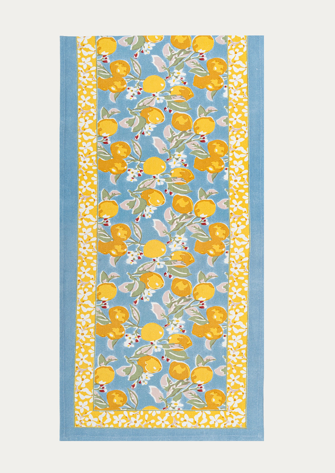 Fabric panel with lemon and floral pattern on a blue background
