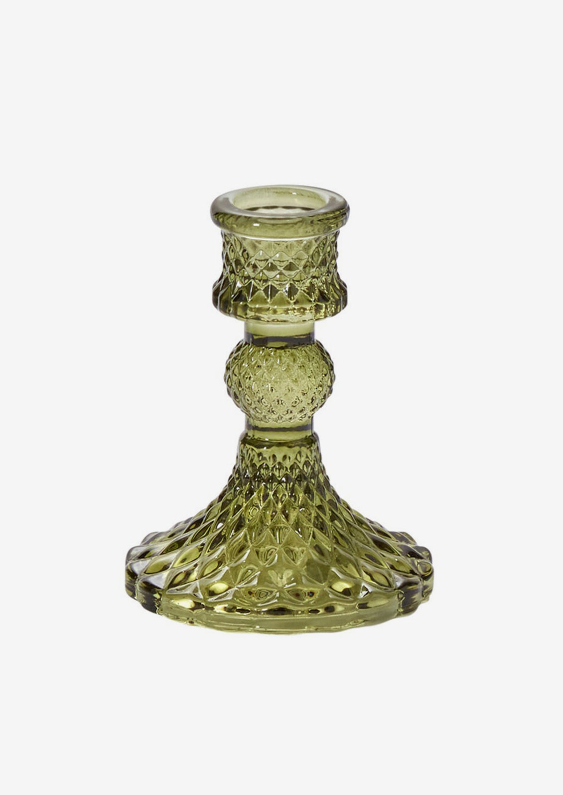 A glass candlestick holder in facet textured glass, olive green color.