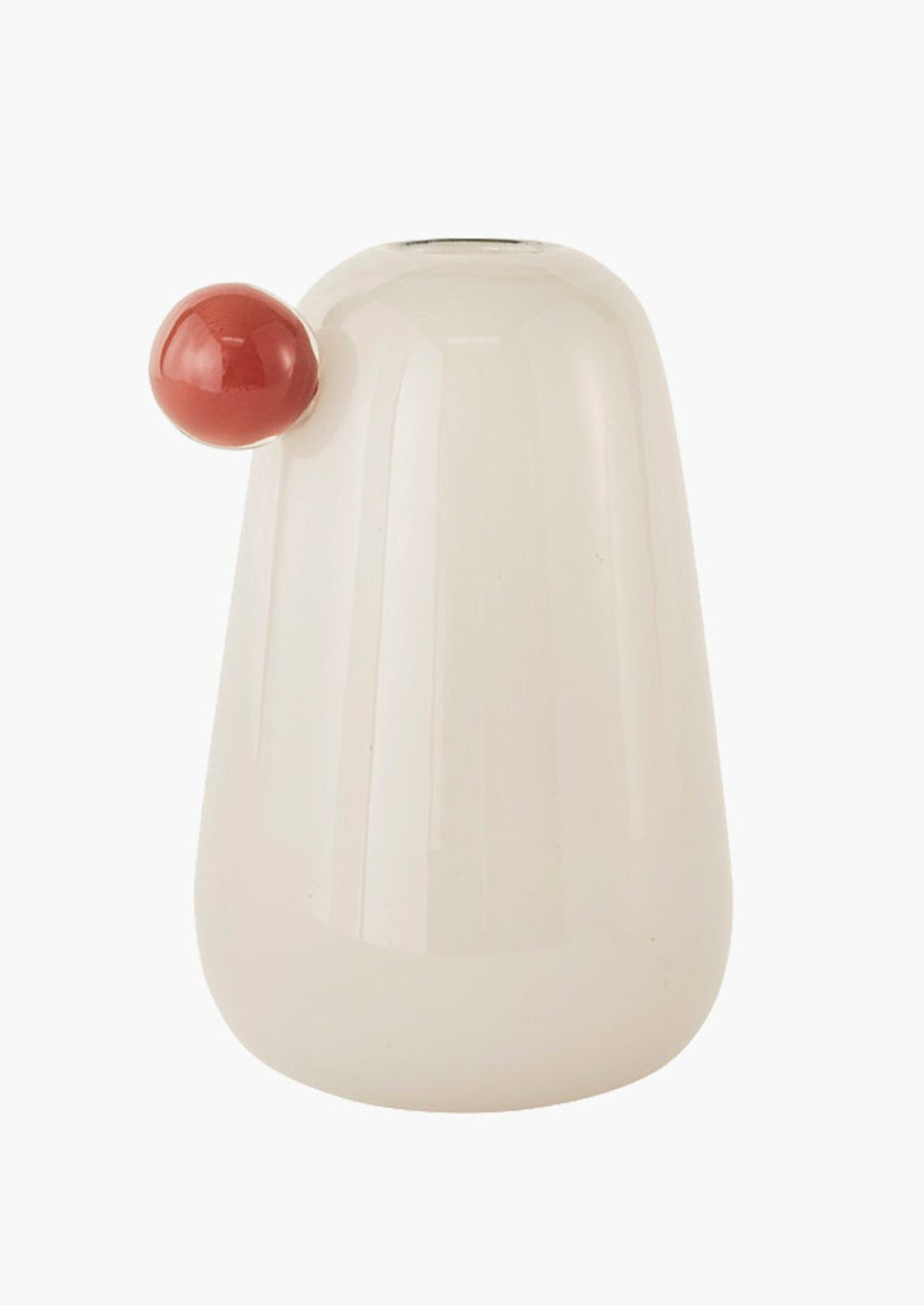 A glass vase in white with brown "bauble" knob detailing at top.