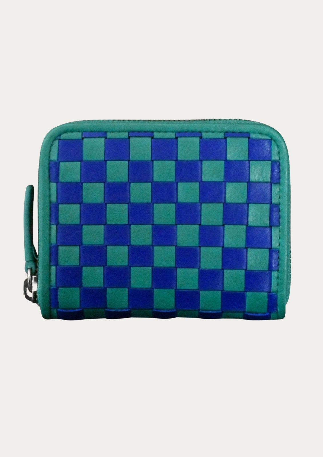 A leather checkerboard wallet in aqua and cobalt.