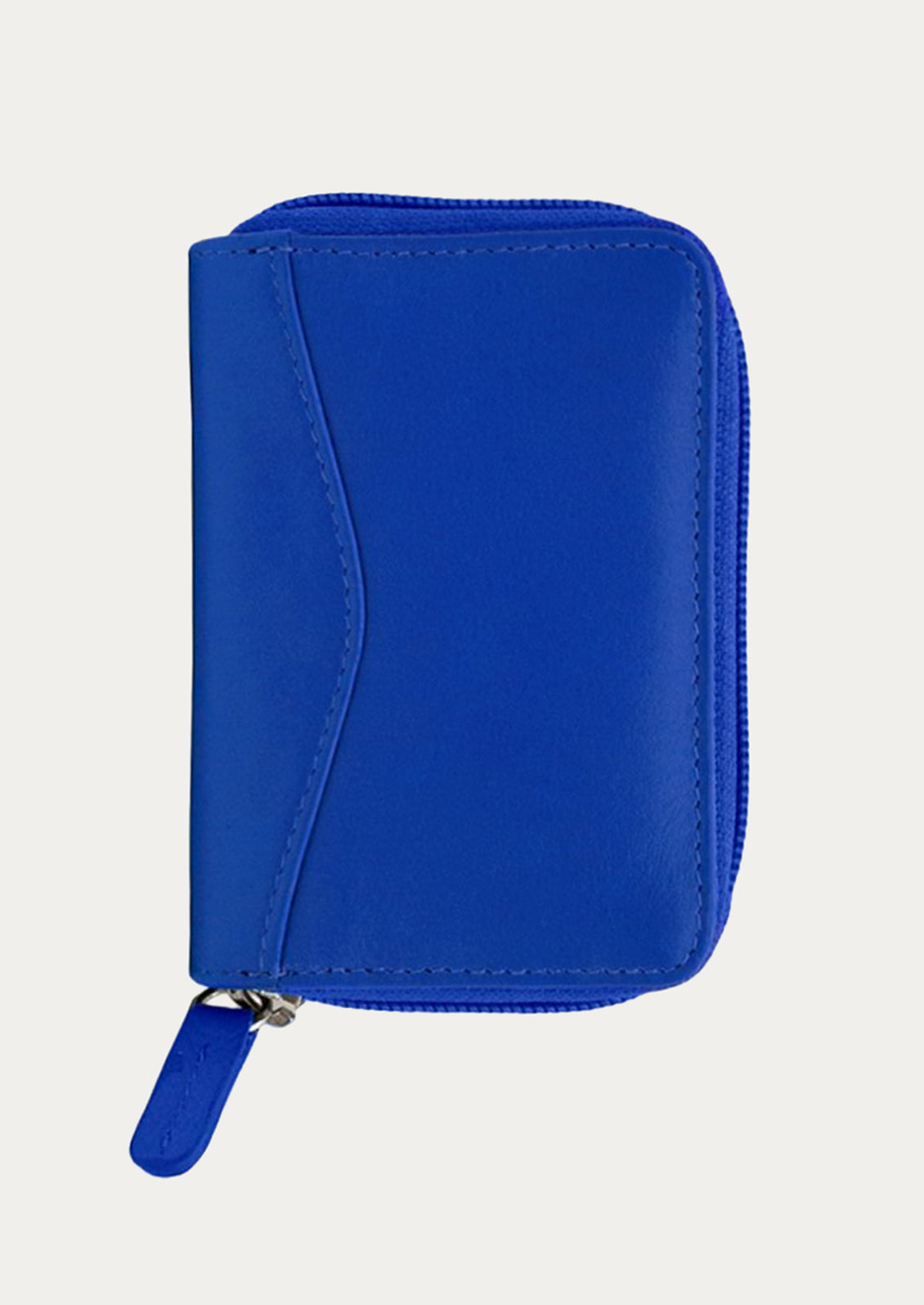 A leather card wallet in cobalt blue.