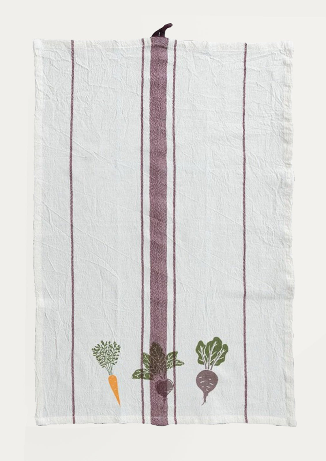 Striped towel with vegetable illustrations on a white background