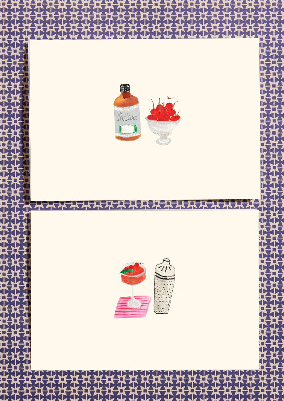 Notecards with food illustrations on a patterned background