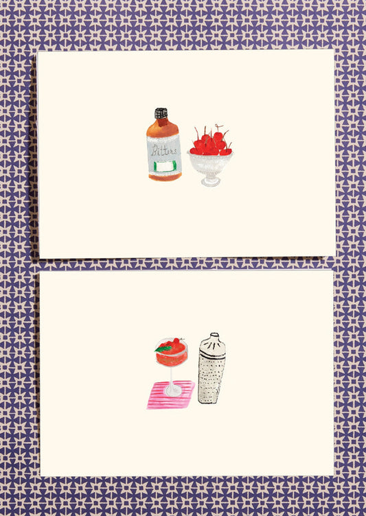 Notecards with food illustrations on a patterned background