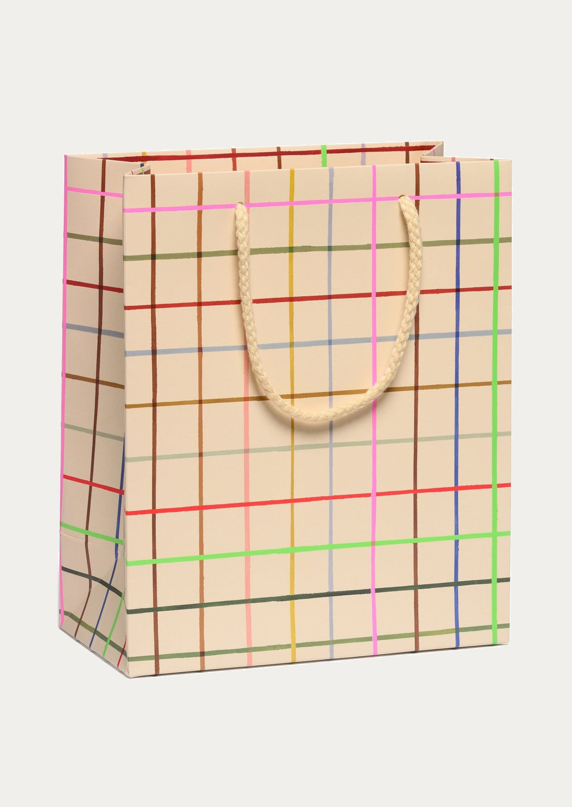 Beige gift bag with colorful checkered pattern on a white background