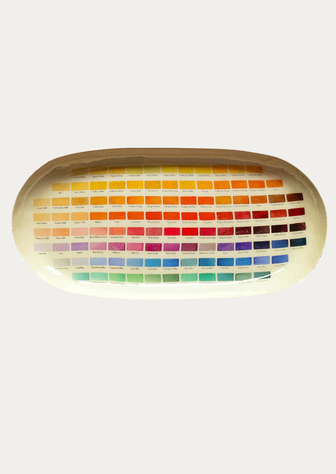 An oval shaped tray with color swatch print.