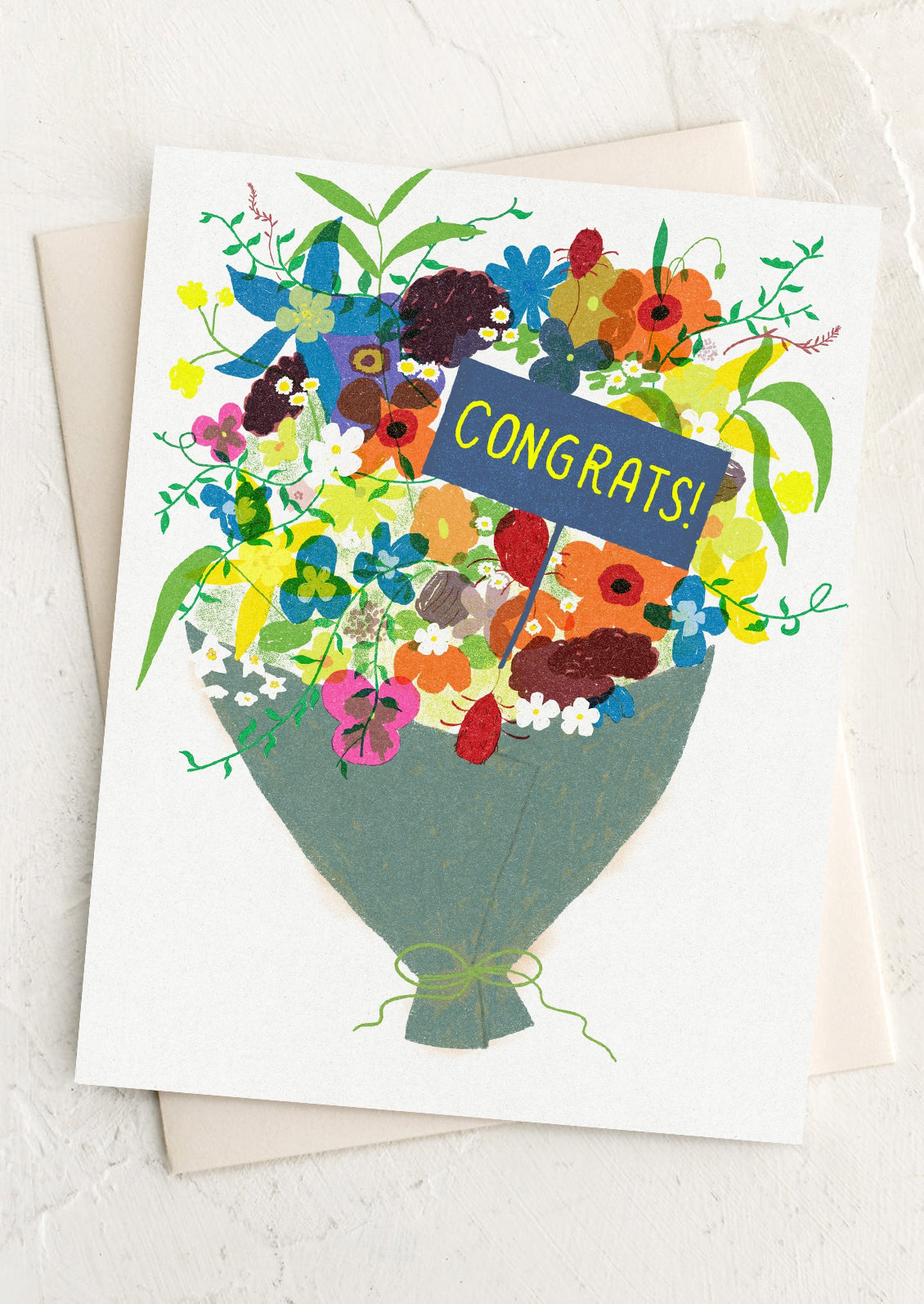 Greeting card with colorful floral design and 'Congrats!' text on a white background