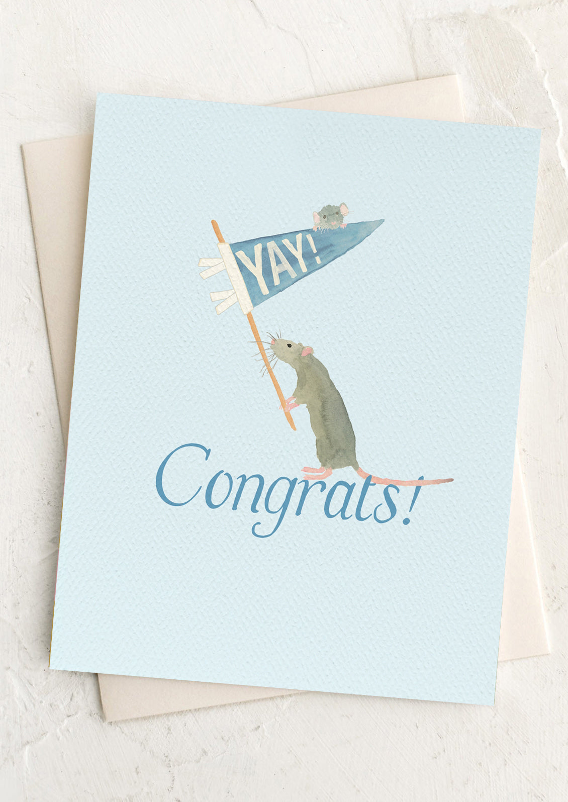 Greeting card with a mouse holding a 'YAY!' flag and 'Congrats!' text on a light blue background.