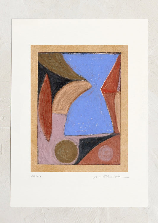 An abstract art print with pastels medium, abstract formation of shapes in midcentury modern color palette.