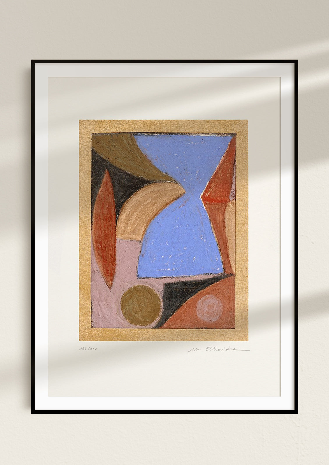 An abstract art print with pastels medium, abstract formation of shapes in midcentury modern color palette.