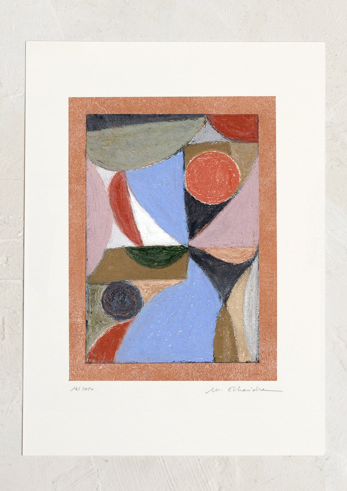 An abstract art print with pastels medium, abstract formation of shapes in midcentury modern color palette.