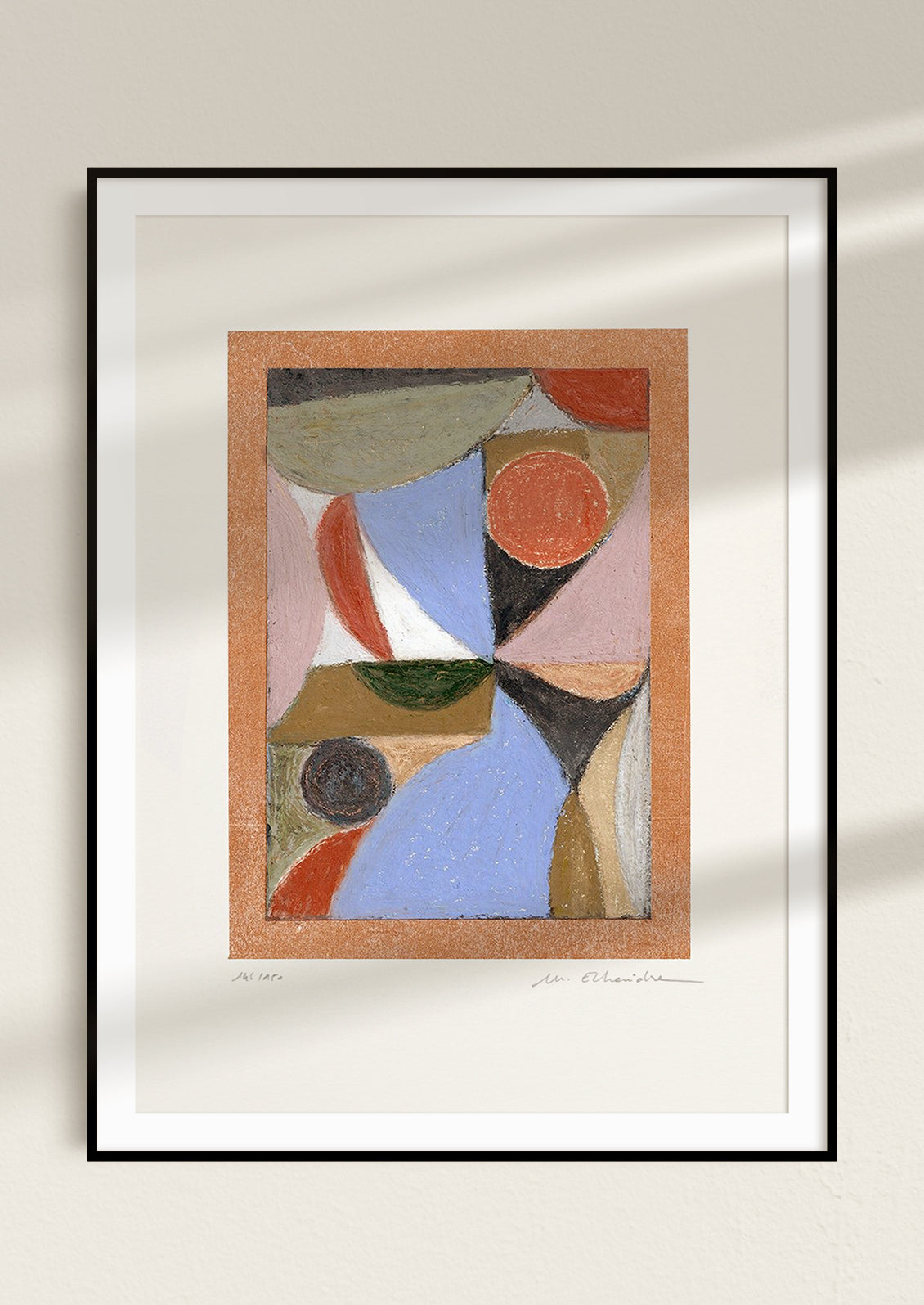 An abstract art print with pastels medium, abstract formation of shapes in midcentury modern color palette.