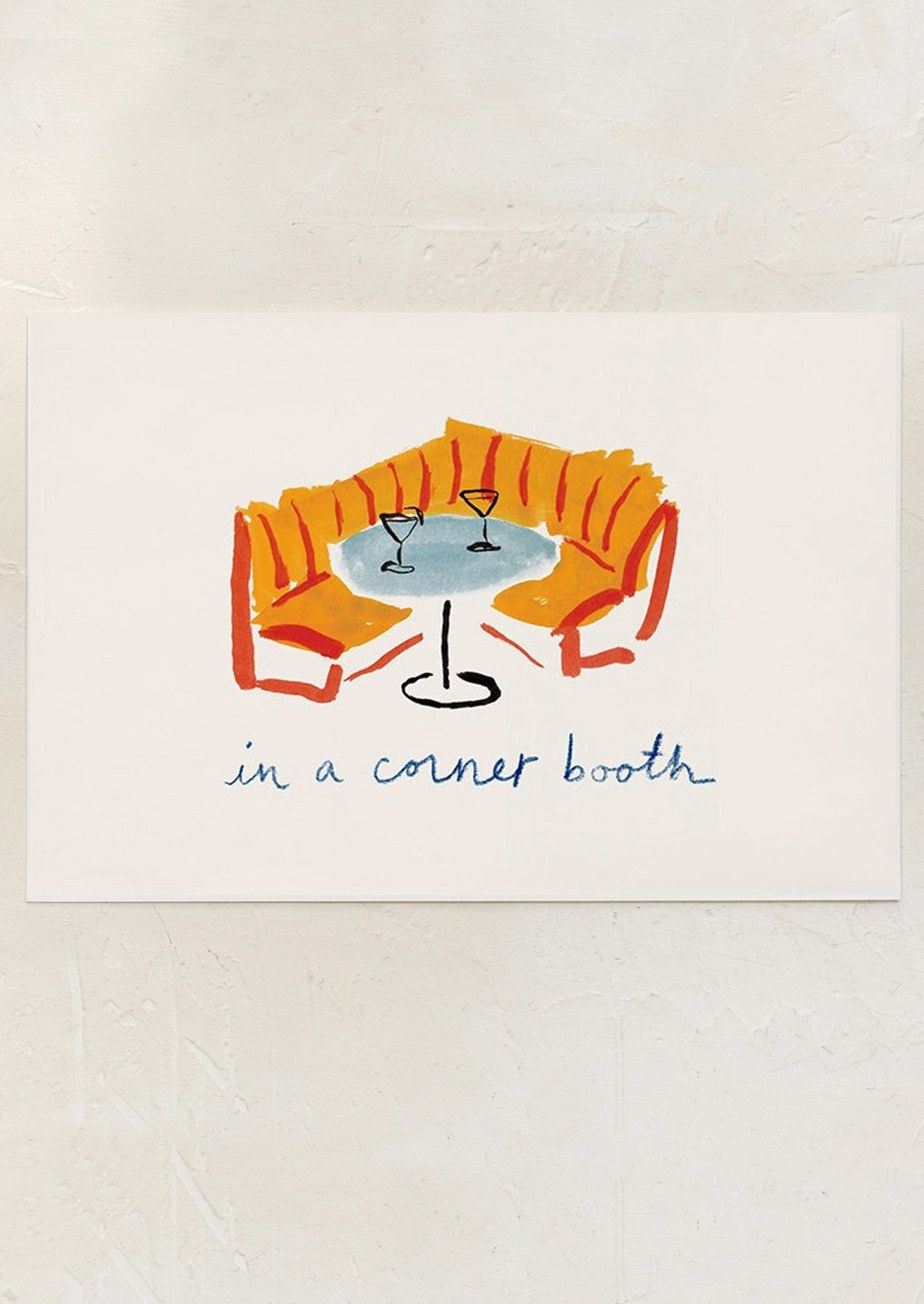 An illustrated art print of a booth with cocktail glasses.