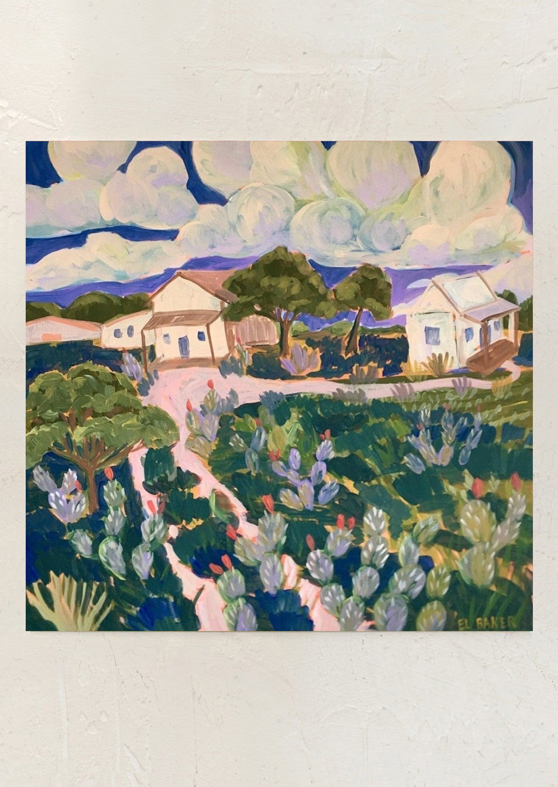 Painting of a landscape with houses, trees, and a garden on a white background