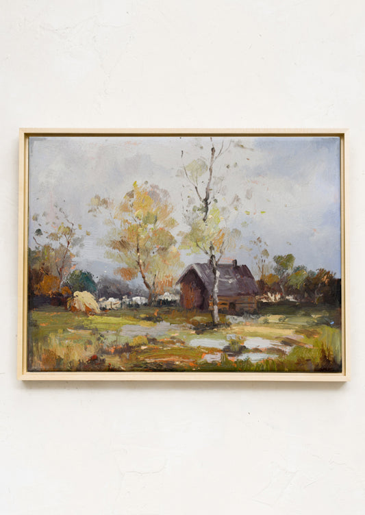 An original landscape oil painting of a countryside setting with a barn-like structure.