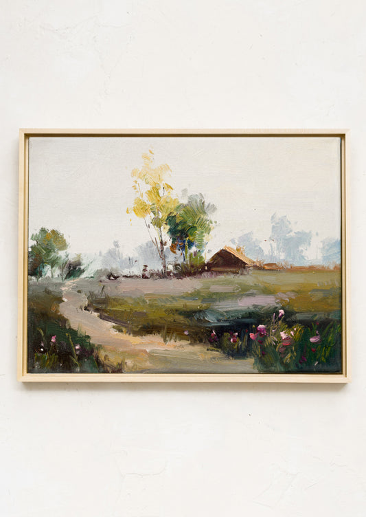 An original oil painting of a countryside scene with a structure in the distance.
