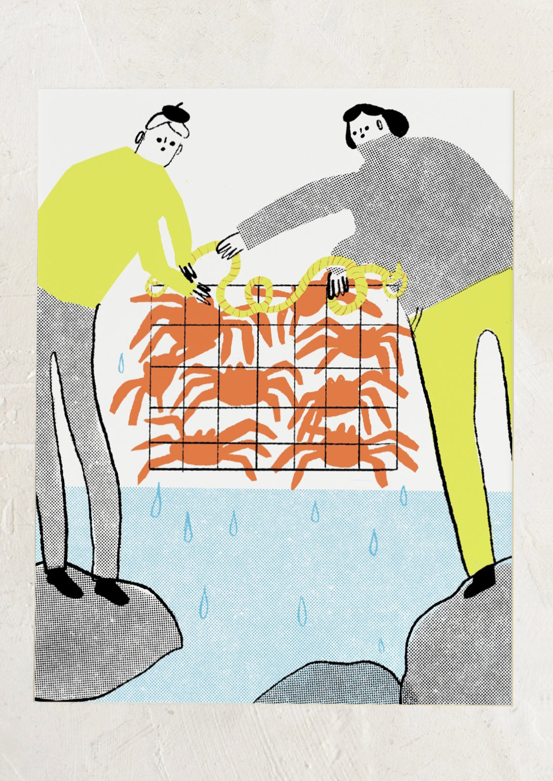 Illustration of two people with a cage of crabs on a beige background