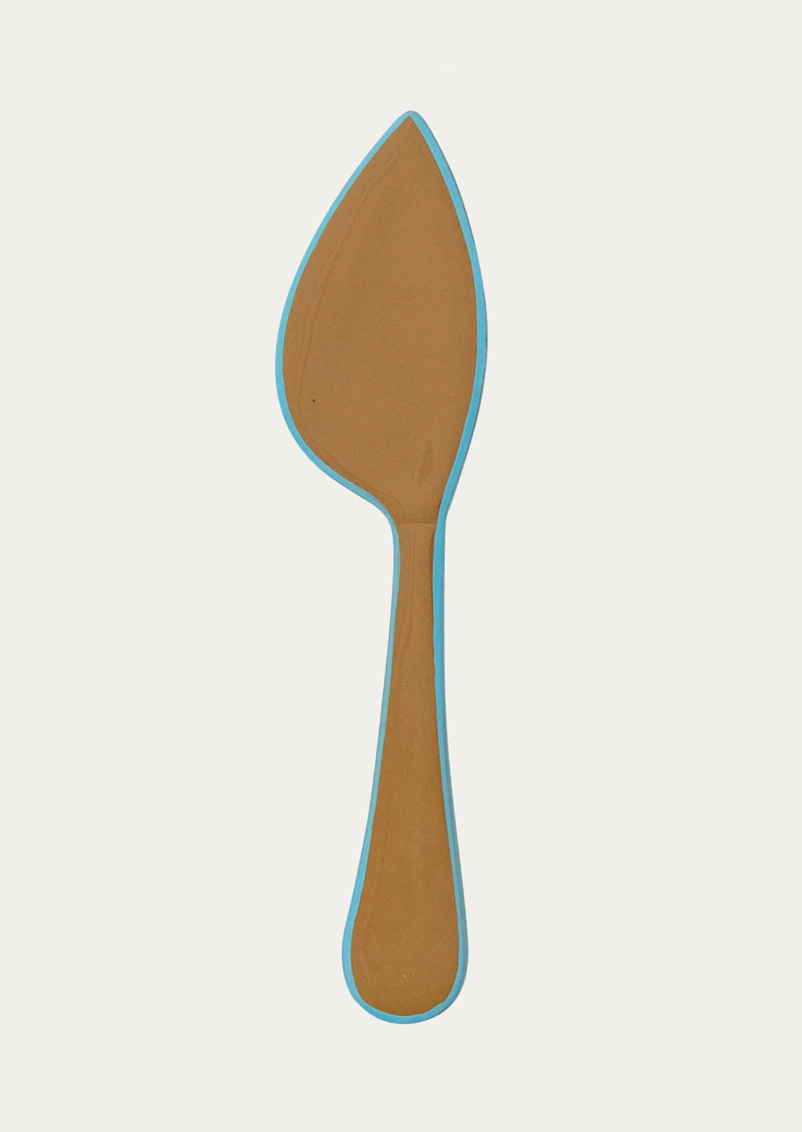 A curved shaped cheese knife in caramel with turquoise edge.