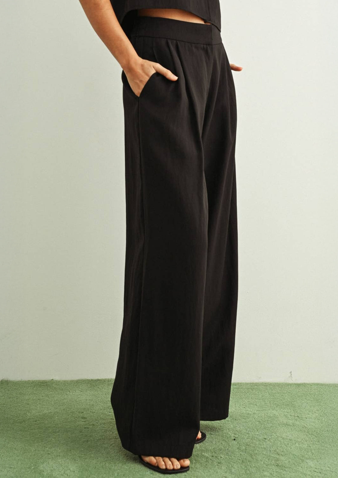 Person wearing black wide-leg pants on a green and white background