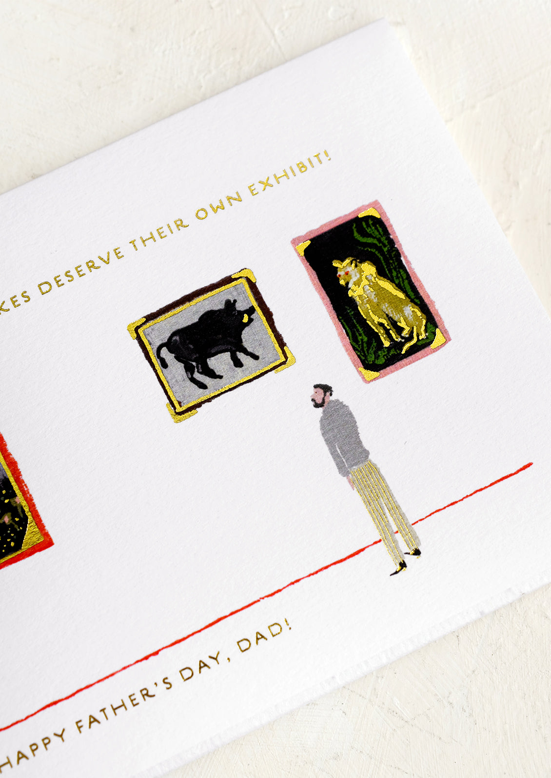 A card with image of man at museum, text reads "Your Dad Jokes Deserve Their Own Exhibit! Happy Father's Day".