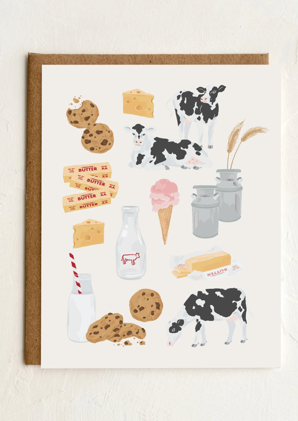Greeting card with illustrations of cows, cookies, ice cream, and other dairy products on a white background.