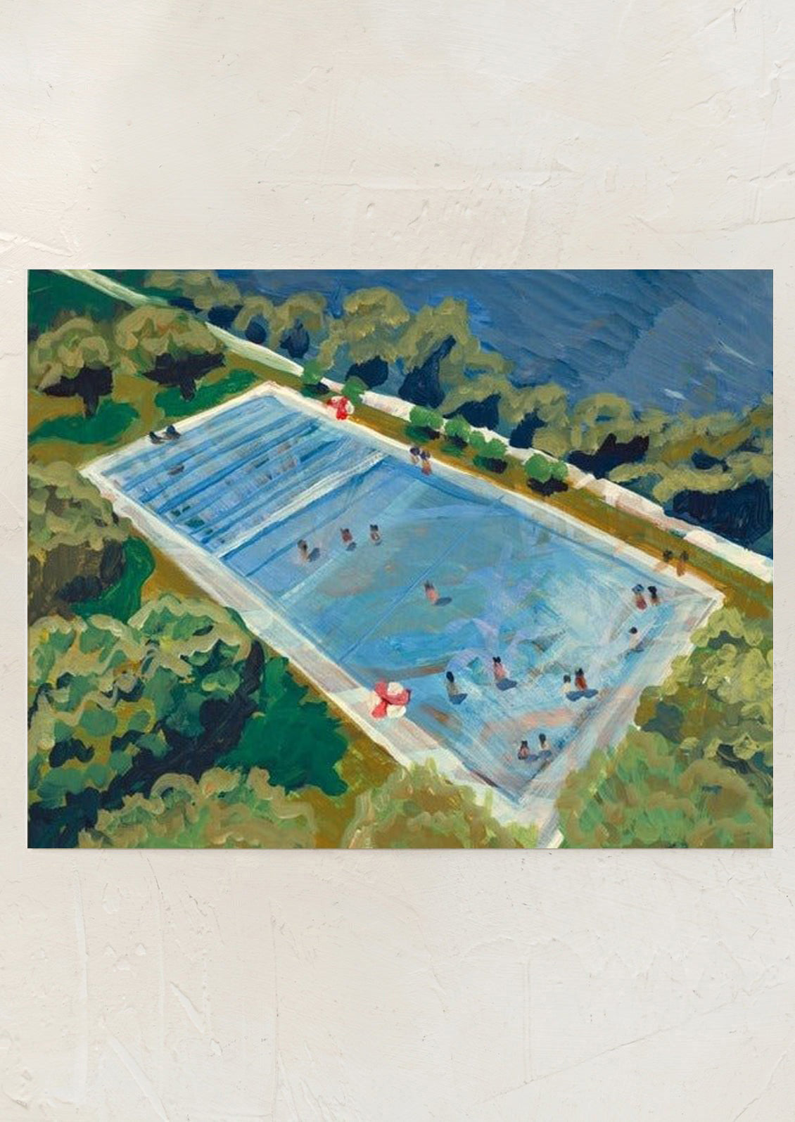 Painting of a pool with people in a green, leafy area