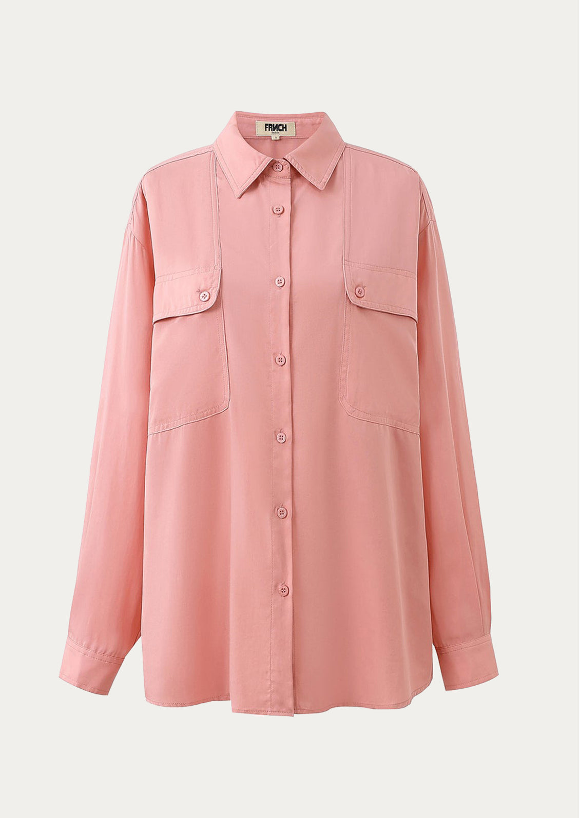 A button front shirt in pink with double button flap pocket detail at chest.