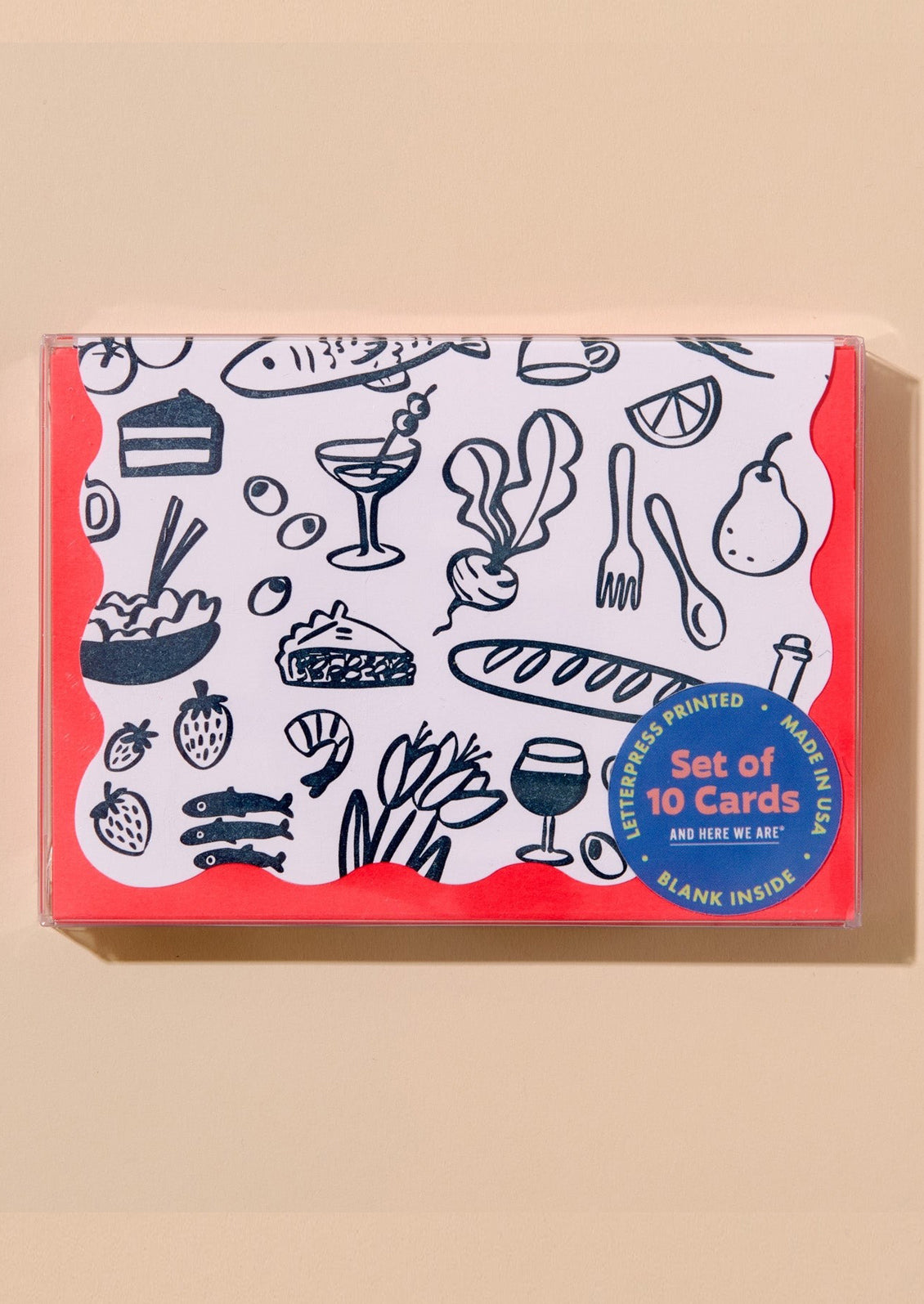 Card set packaging with food illustrations on a beige background