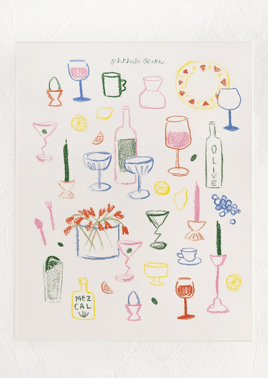Colorful illustration of drinks and kitchen items on a white background