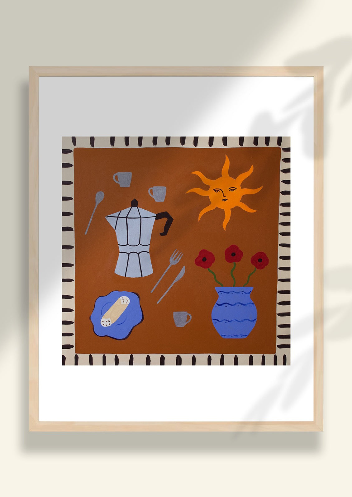 An art print of an illustration of coffee themed items.