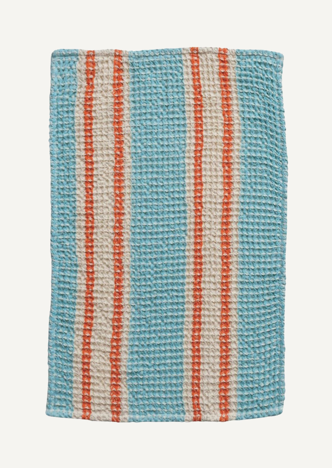 A waffle texture tea towel in cyan, ivory and orange stripe pattern.