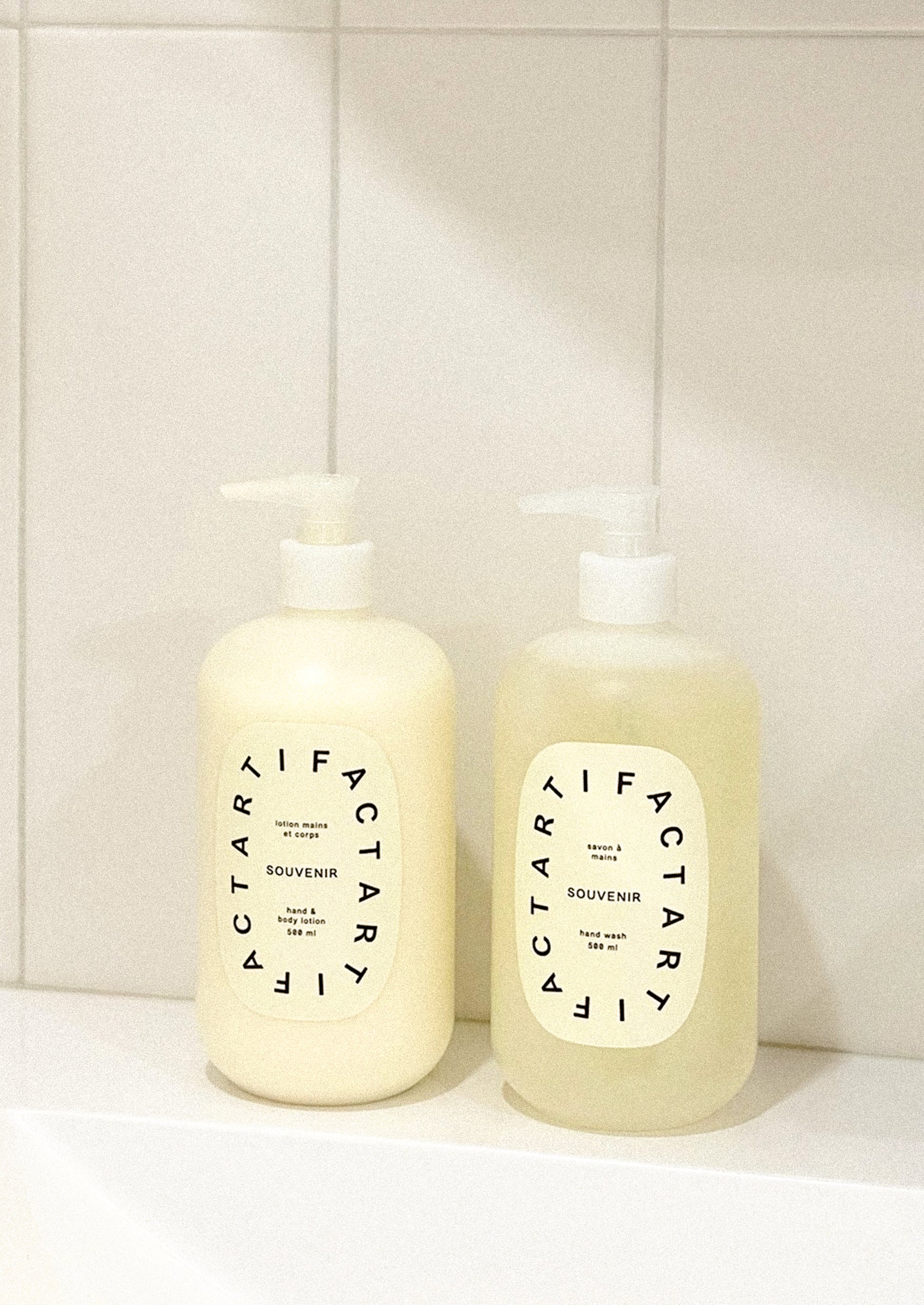 A pump bottle of lotion in Souvenir scent.