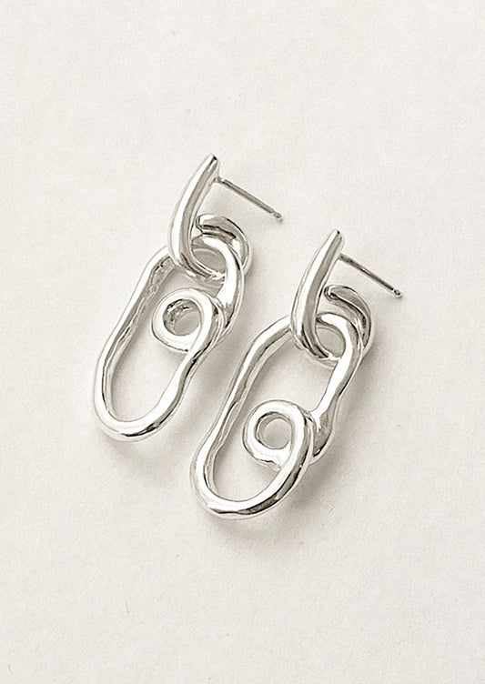 A pair of twisty sterling silver loop shaped earrings.