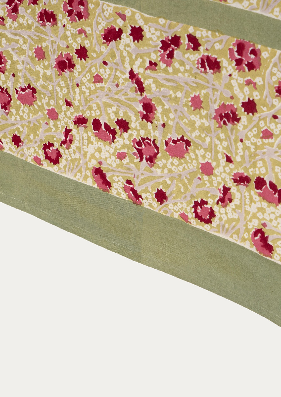 Floral patterned fabric with red flowers on a yellow background, green border