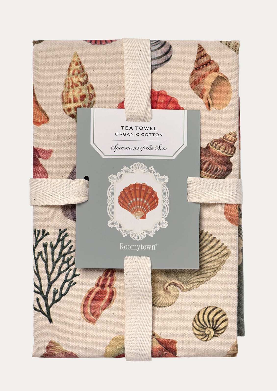 Tea towel with shell pattern and Roomtown branding