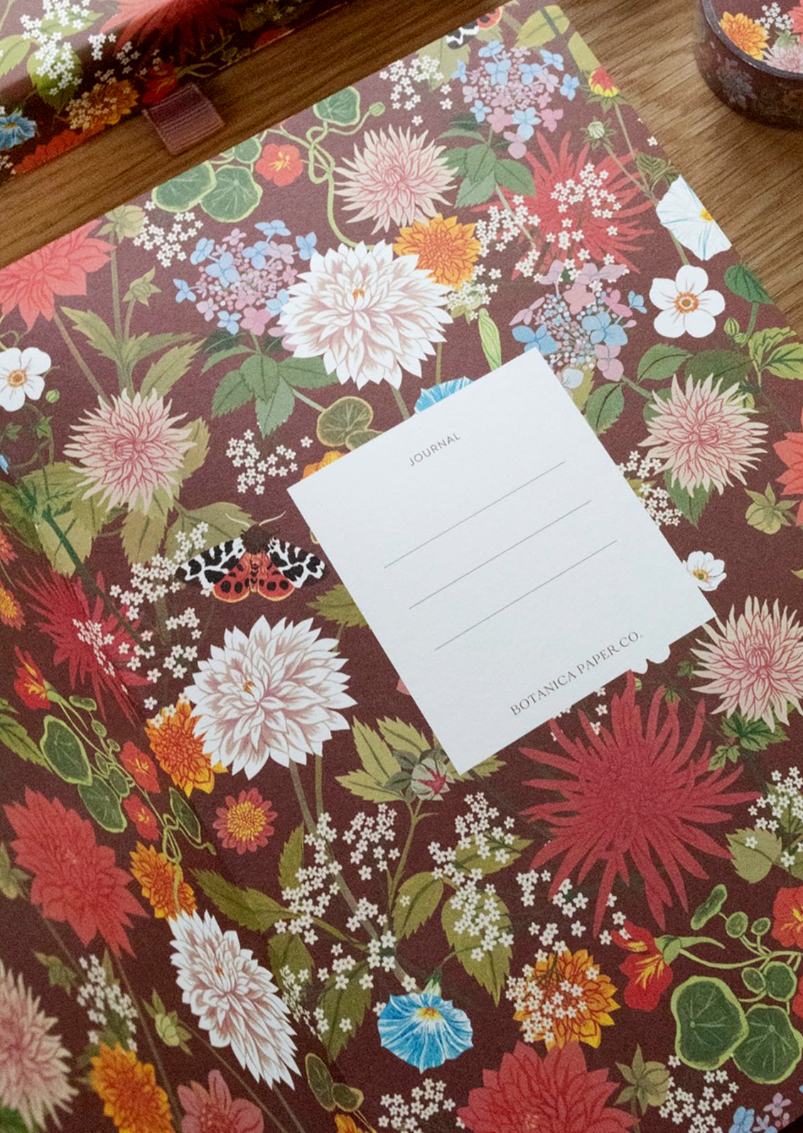 Floral-patterned paper with a white card on top
